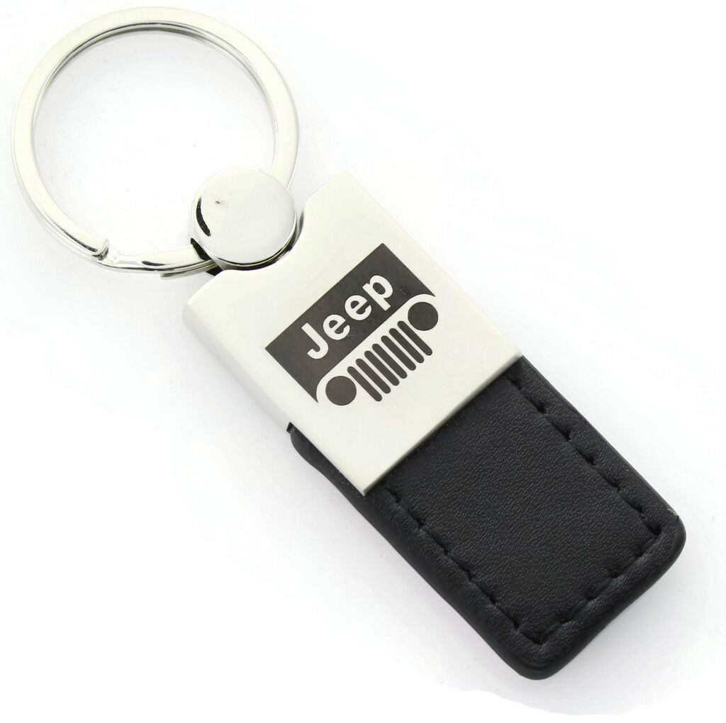 Jeep Grille Black Leather Long Tab Logo Key Ring - Click Image to Close